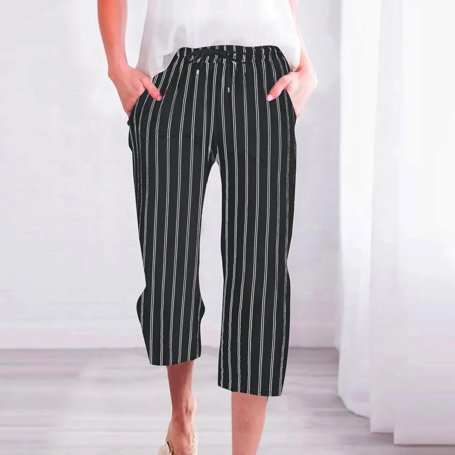 Capri Pants for Women Cotton Linen Casual Summer 2025 Wide Leg Loose Drawstring Elastic Waist Striped Cropped Trouser