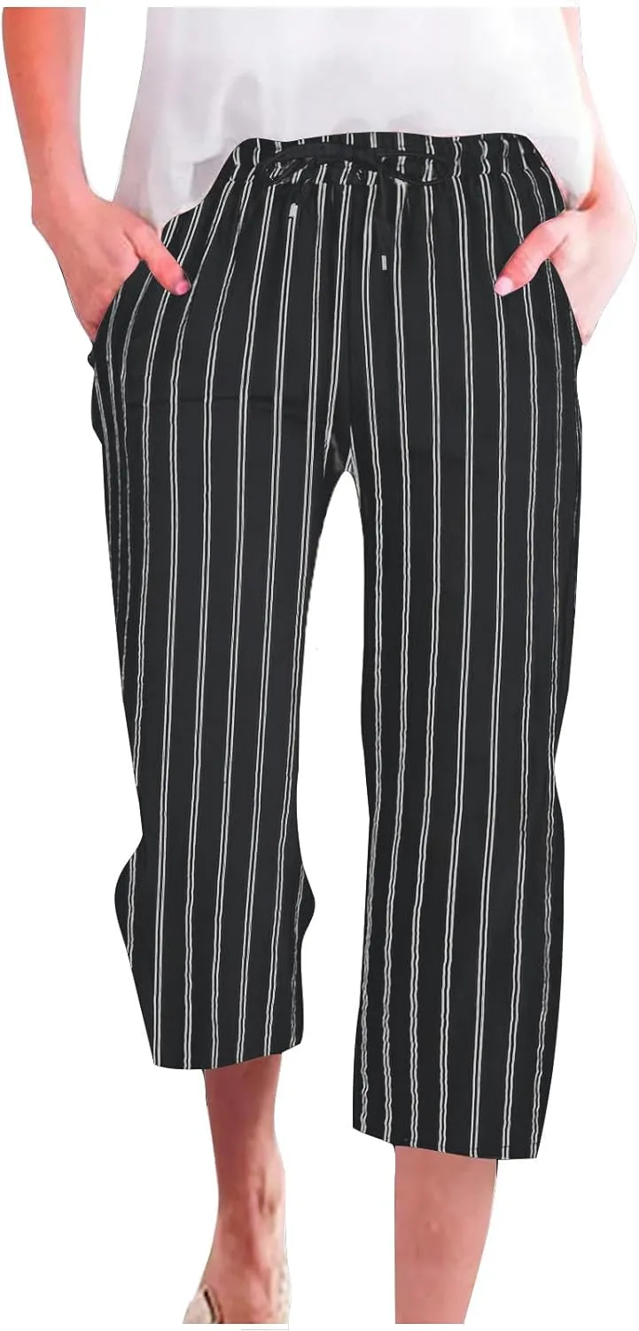 Capri Pants for Women Cotton Linen Casual Summer 2025 Wide Leg Loose Drawstring Elastic Waist Striped Cropped Trouser