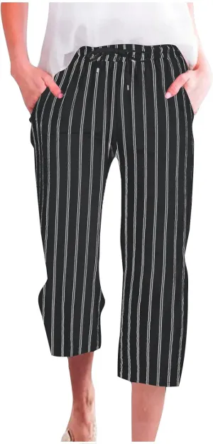 Capri Pants for Women Cotton Linen Casual Summer 2025 Wide Leg Loose Drawstring Elastic Waist Striped Cropped Trouser