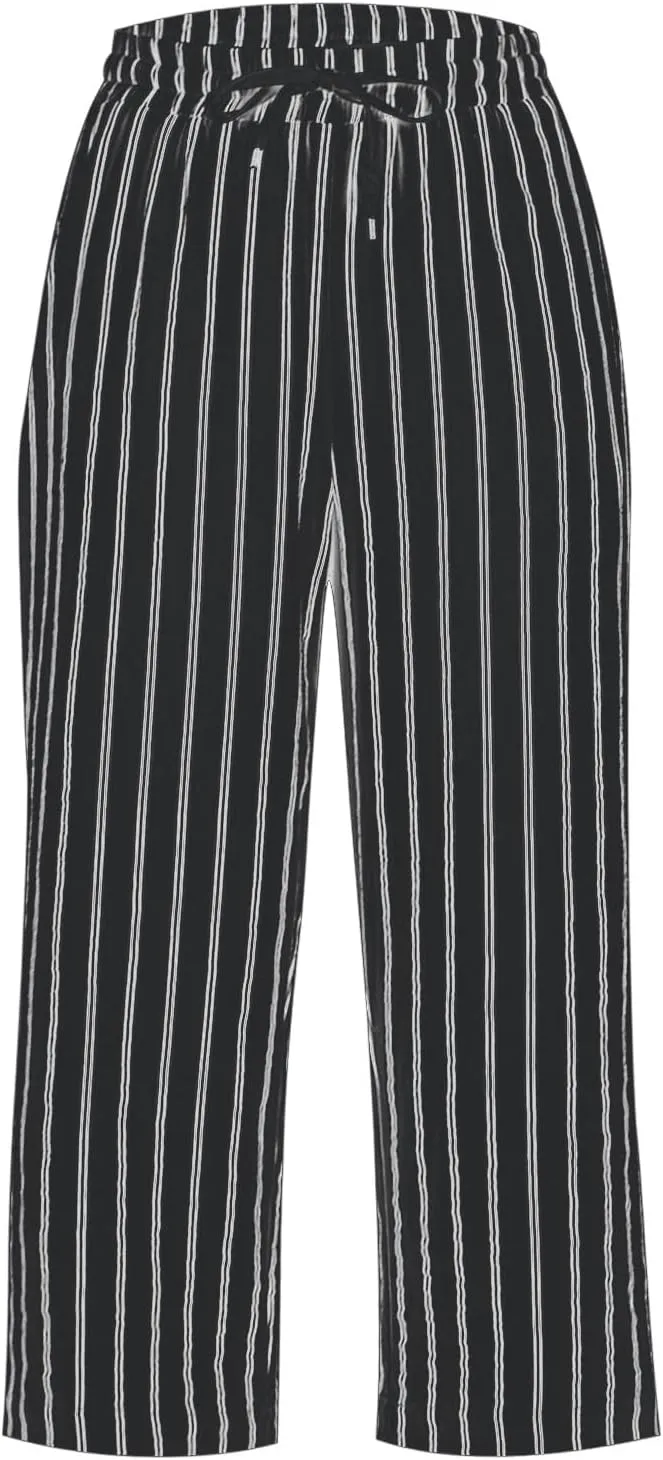 Capri Pants for Women Cotton Linen Casual Summer 2025 Wide Leg Loose Drawstring Elastic Waist Striped Cropped Trouser