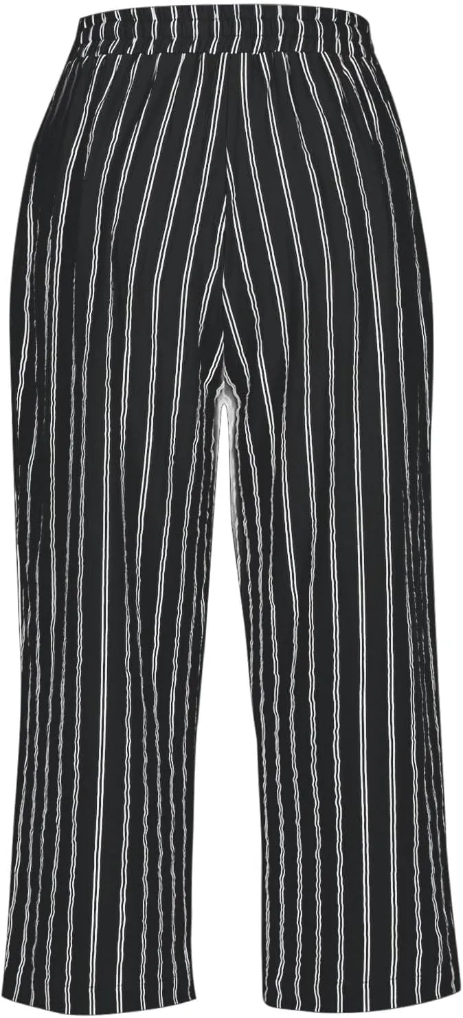 Capri Pants for Women Cotton Linen Casual Summer 2025 Wide Leg Loose Drawstring Elastic Waist Striped Cropped Trouser