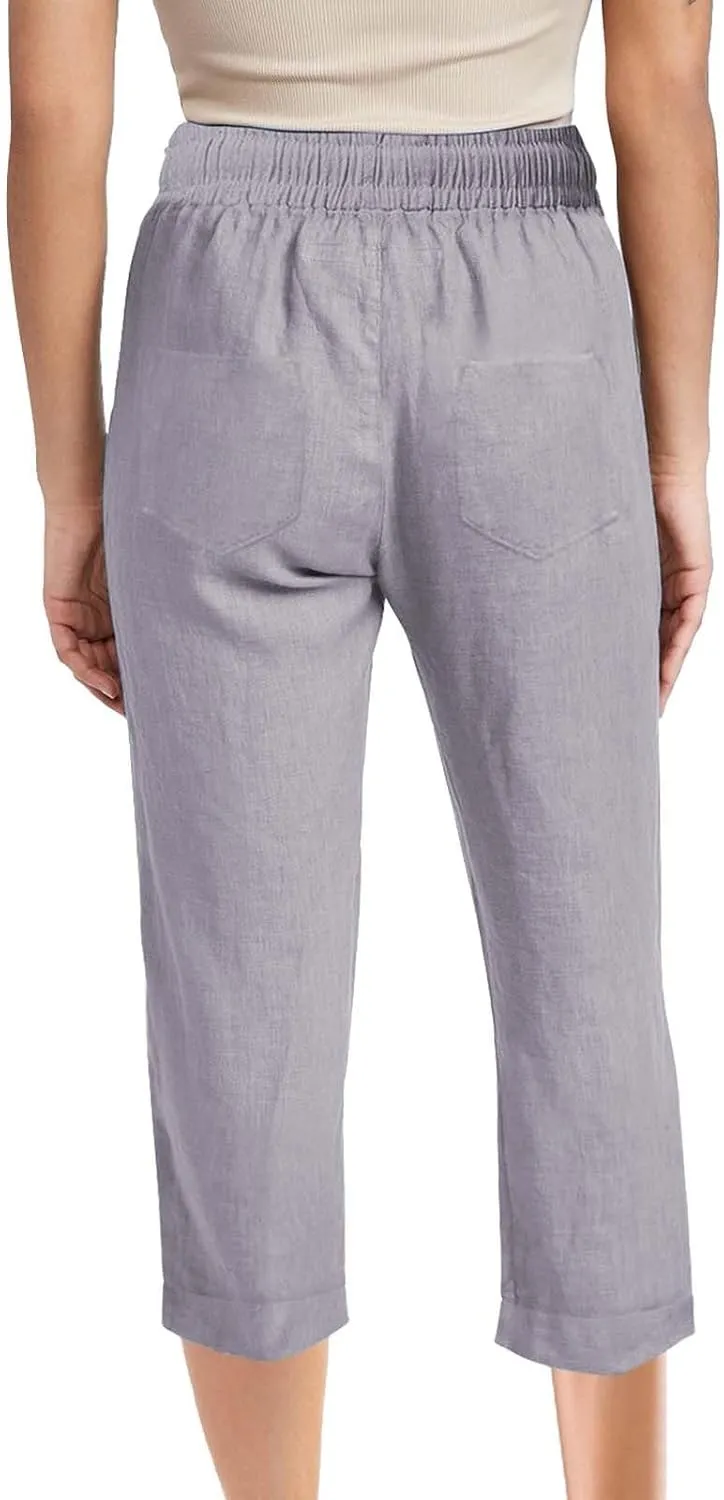 Capri Pants for Women Cotton Linen Casual Summer Pants Plus Size Drawstring Elastic Waist Capris with Pockets
