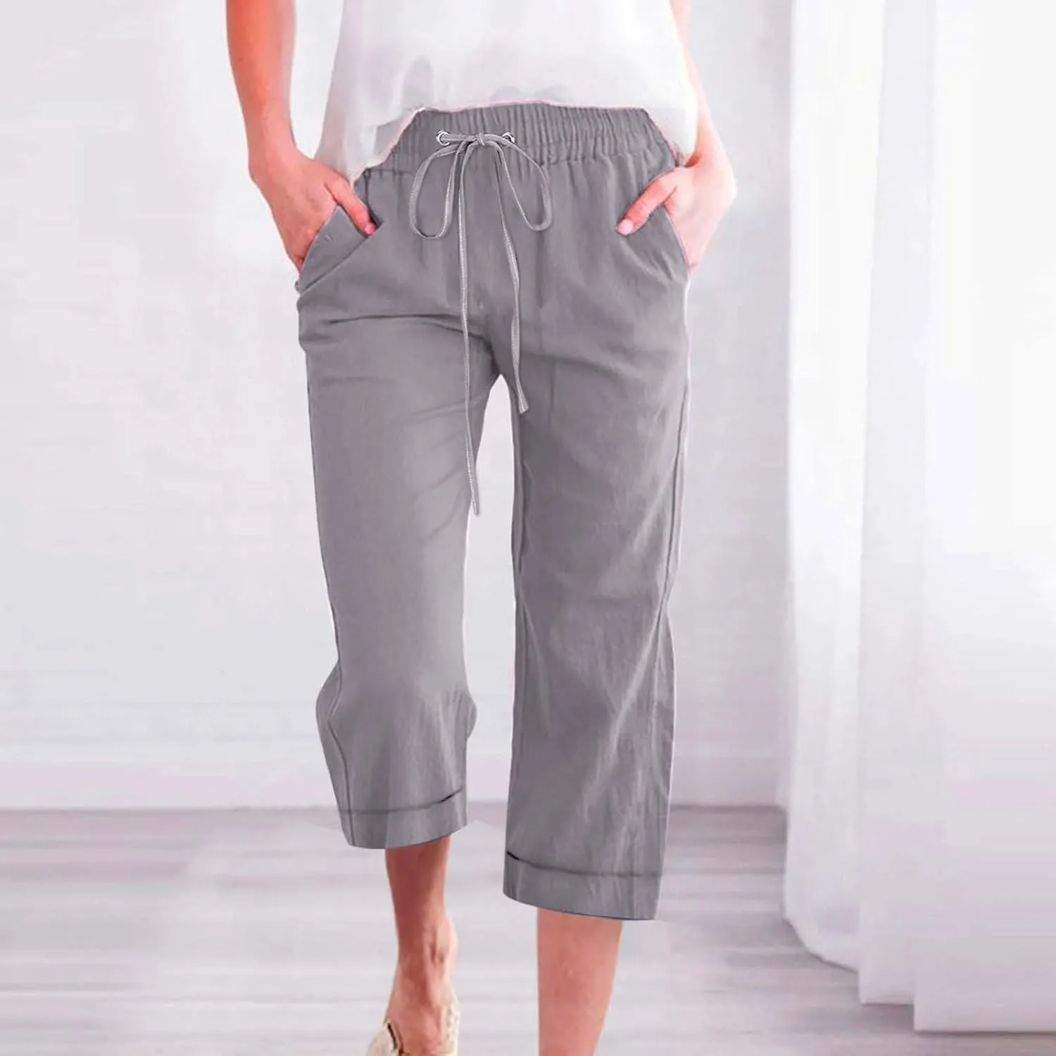 Capri Pants for Women Cotton Linen Casual Summer Pants Plus Size Drawstring Elastic Waist Capris with Pockets