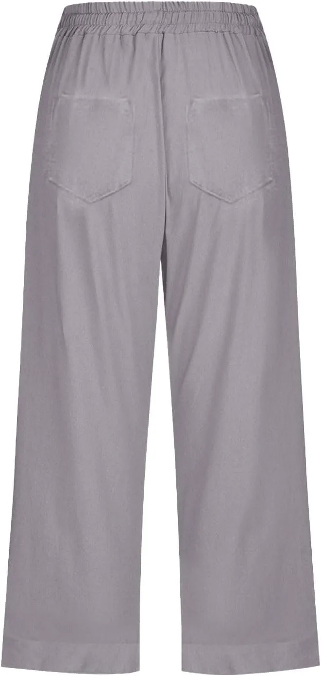 Capri Pants for Women Cotton Linen Casual Summer Pants Plus Size Drawstring Elastic Waist Capris with Pockets