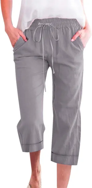 Capri Pants for Women Cotton Linen Casual Summer Pants Plus Size Drawstring Elastic Waist Capris with Pockets