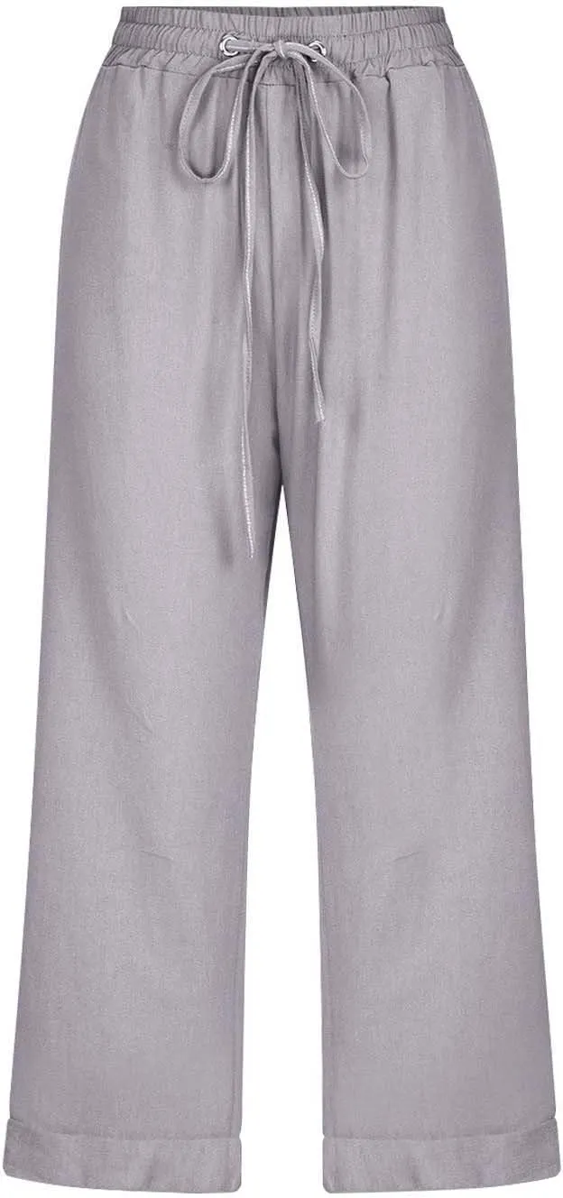 Capri Pants for Women Cotton Linen Casual Summer Pants Plus Size Drawstring Elastic Waist Capris with Pockets