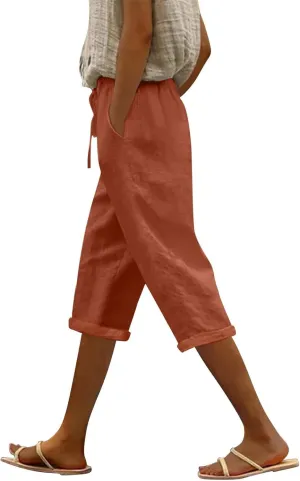 Capri Pants for Women Summer Cotton Linen Pants Casual Drawstring Elastic High Waist Cropped Trouser with Pockets