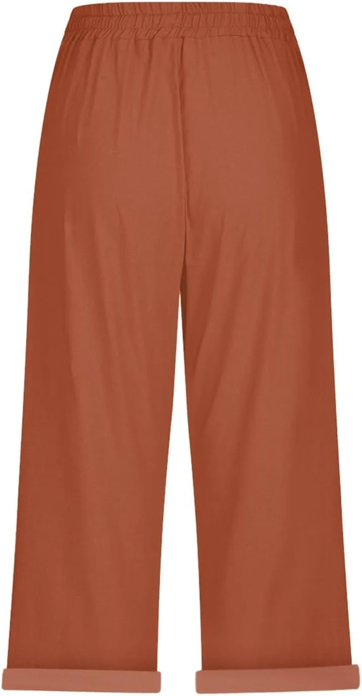 Capri Pants for Women Summer Cotton Linen Pants Casual Drawstring Elastic High Waist Cropped Trouser with Pockets