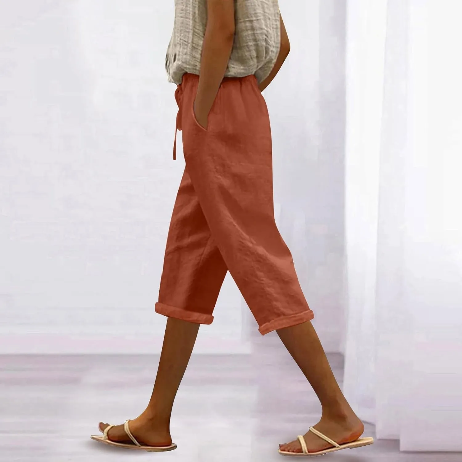 Capri Pants for Women Summer Cotton Linen Pants Casual Drawstring Elastic High Waist Cropped Trouser with Pockets