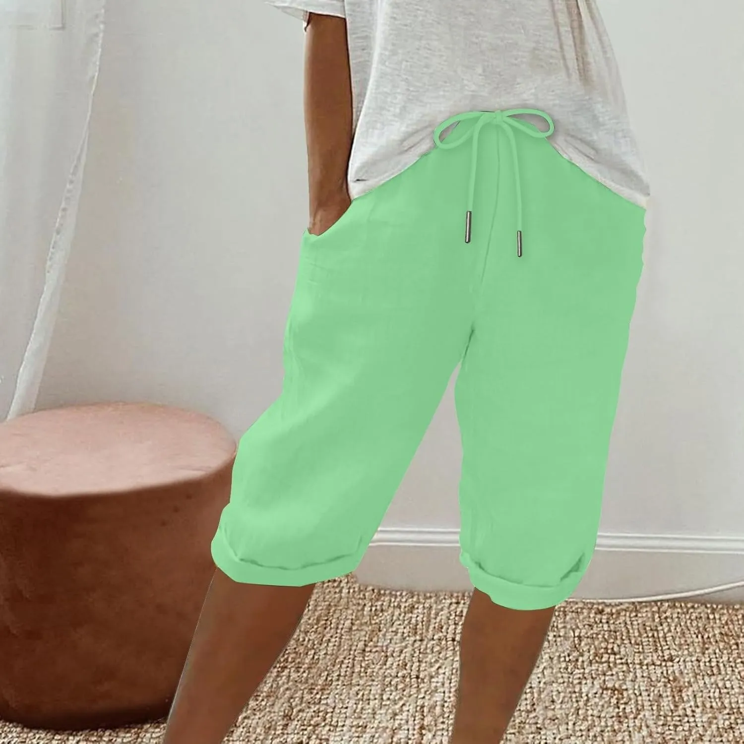 Capris Pants for Women Cotton Linen Summer 2025 Straight Wide Leg Loose Drawstring Elastic Waist Cropped Trouser