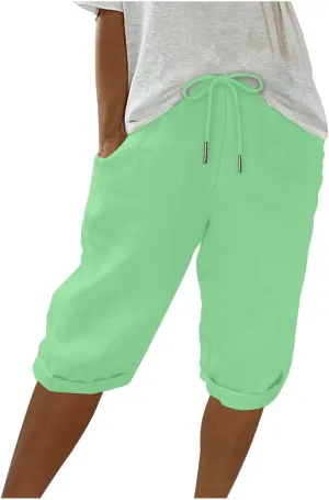 Capris Pants for Women Cotton Linen Summer 2025 Straight Wide Leg Loose Drawstring Elastic Waist Cropped Trouser