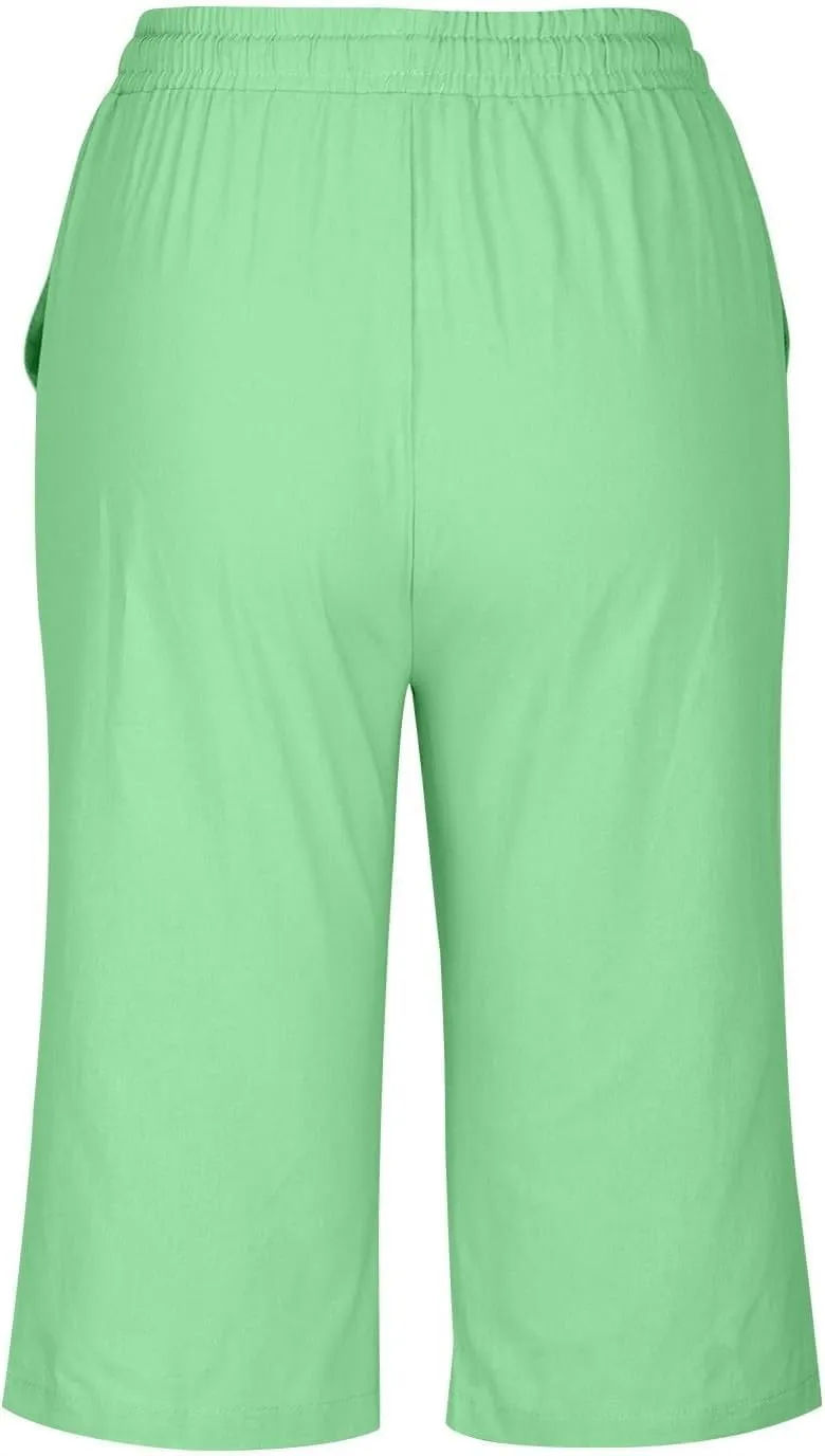 Capris Pants for Women Cotton Linen Summer 2025 Straight Wide Leg Loose Drawstring Elastic Waist Cropped Trouser