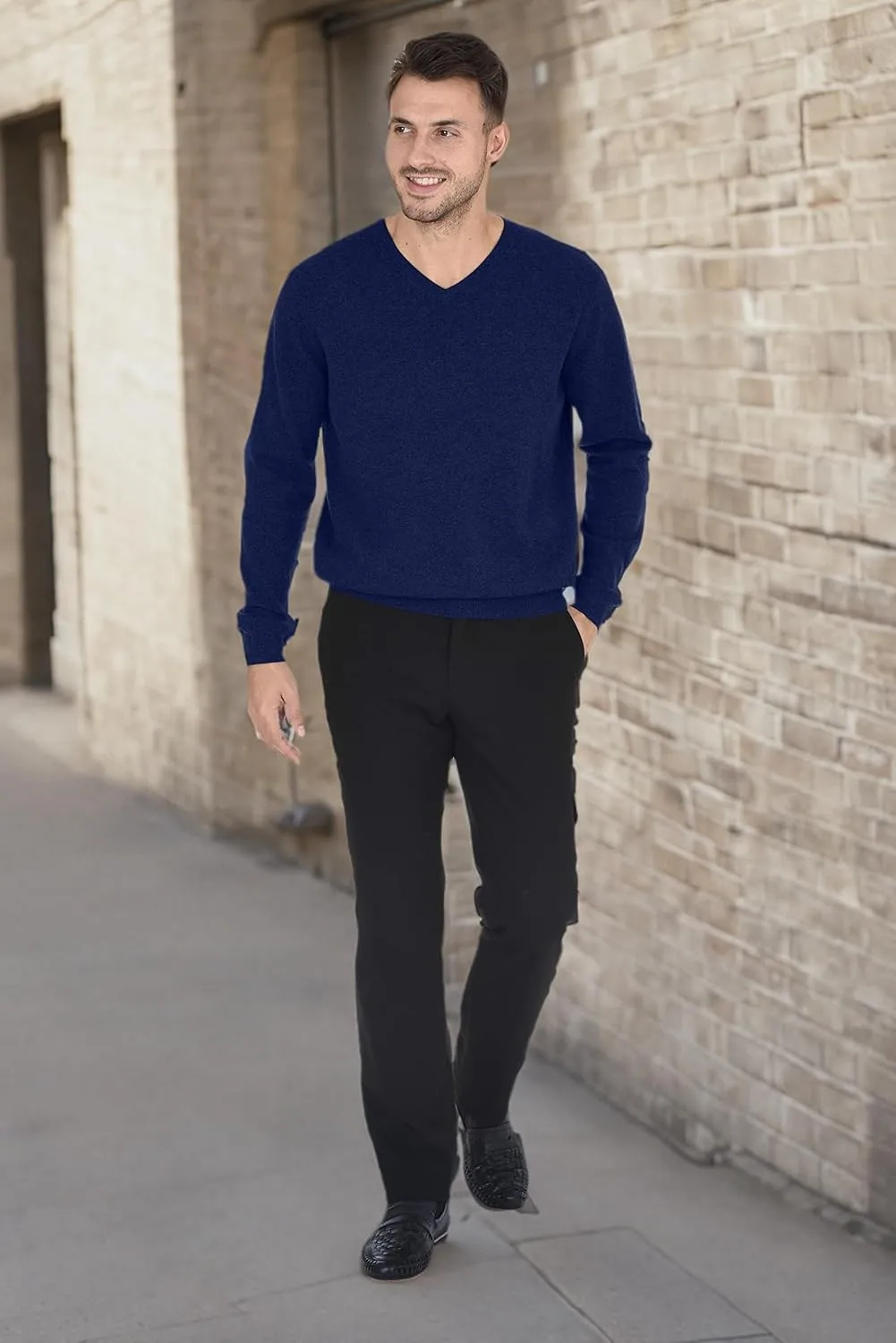 Cashmeren Men's Essential Knit V-Neck Sweater 100% Merino Wool Long Sleeve Classic Pullover