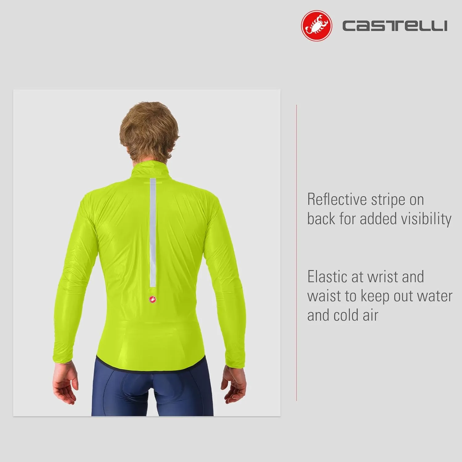 CASTELLI Mens Squall Shell Jacket, Full Waterproof, Windproof Lightweight Reflective Jacket for Road Cycling & Gravel Biking