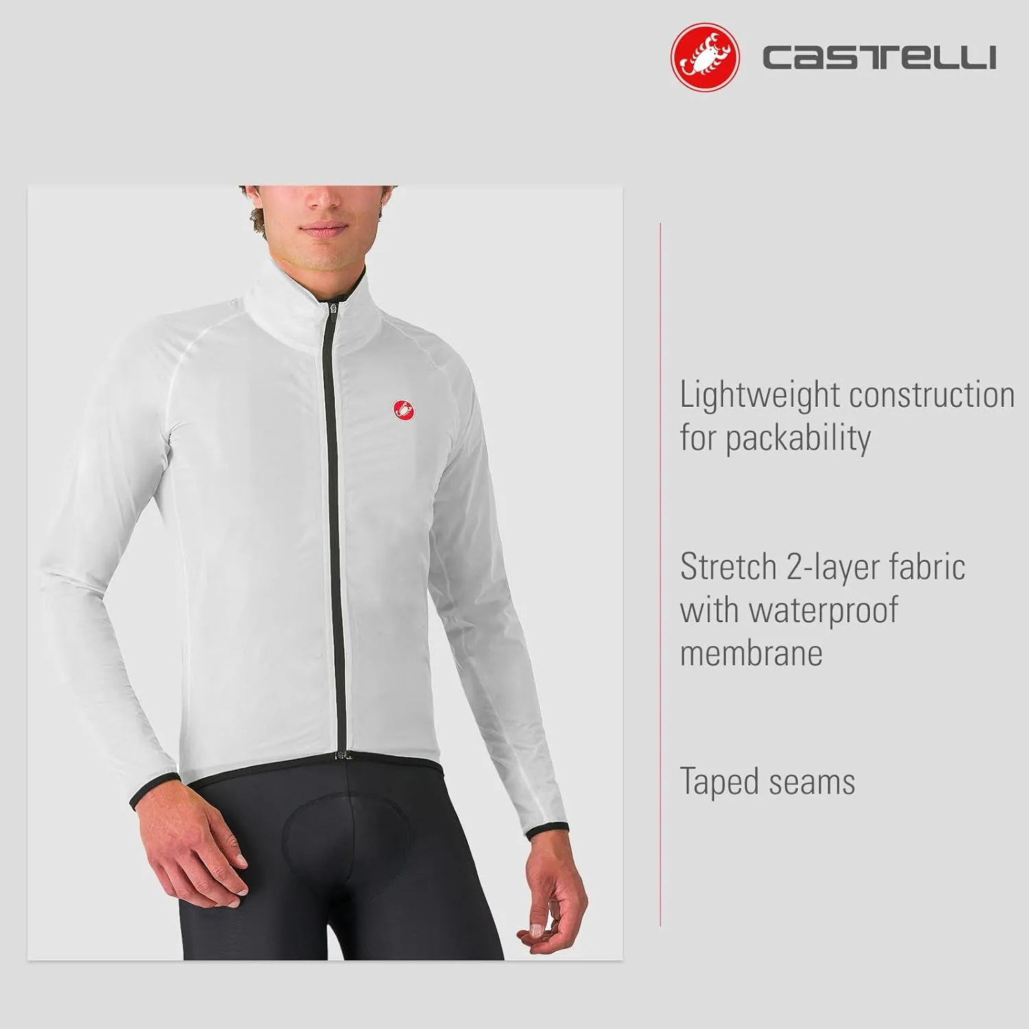 CASTELLI Mens Squall Shell Jacket, Full Waterproof, Windproof Lightweight Reflective Jacket for Road Cycling & Gravel Biking