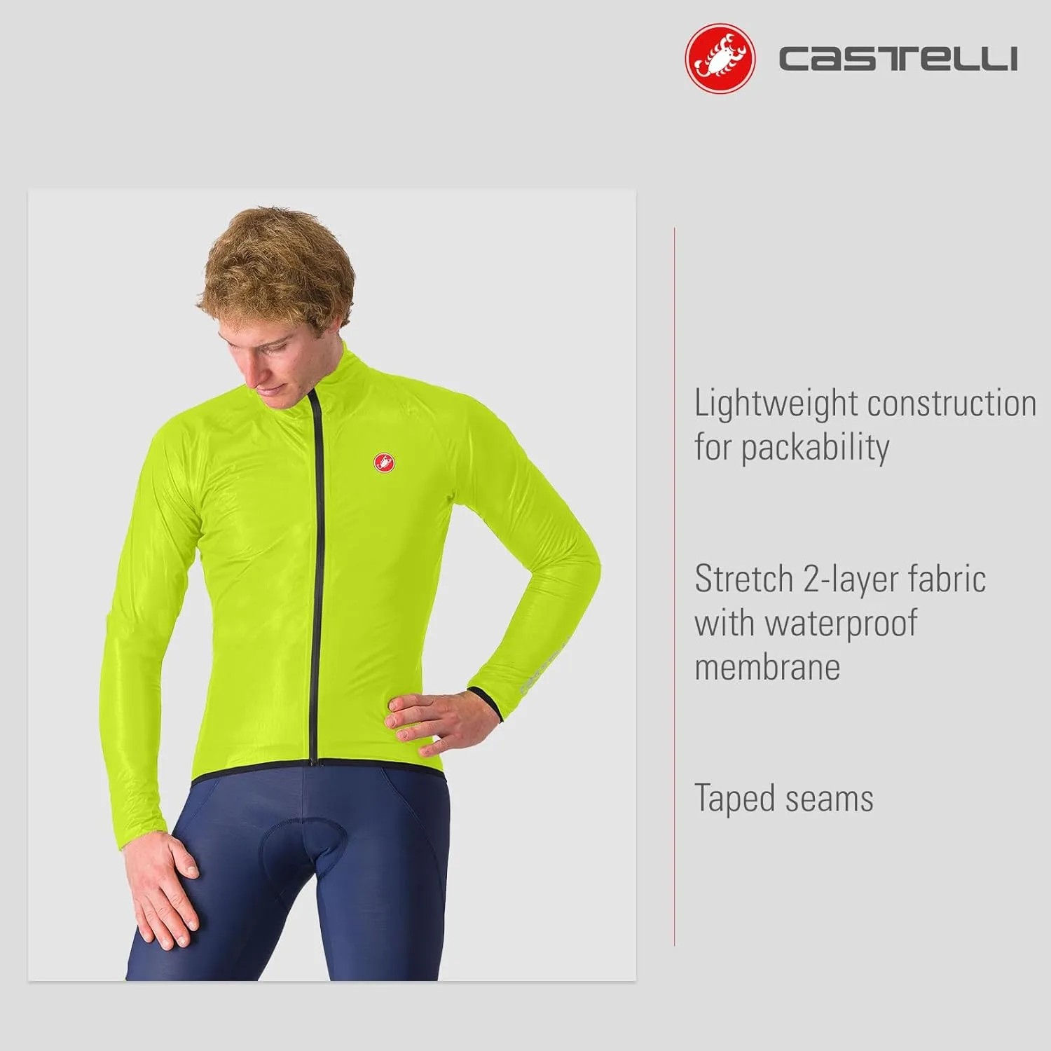 CASTELLI Mens Squall Shell Jacket, Full Waterproof, Windproof Lightweight Reflective Jacket for Road Cycling & Gravel Biking
