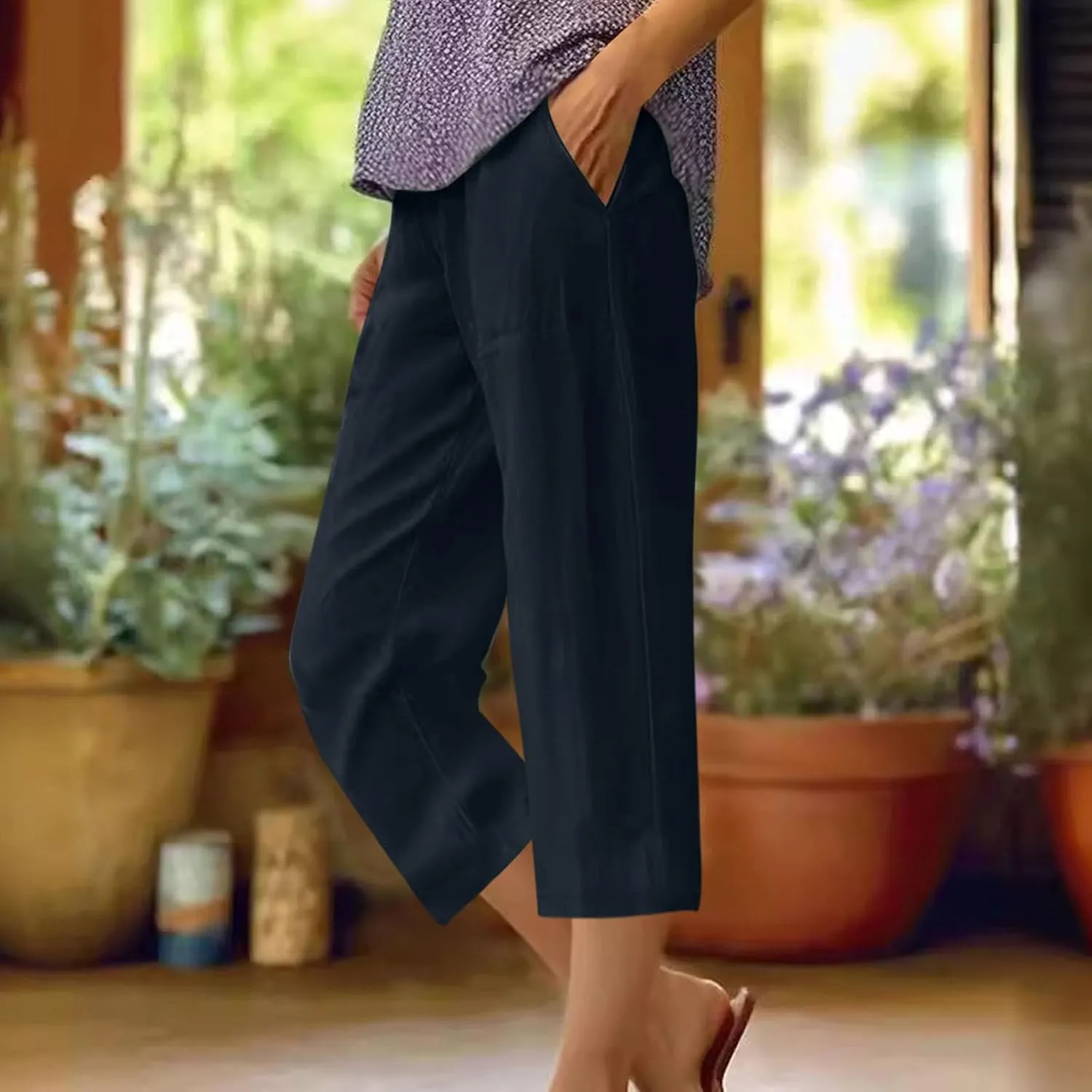 Casual Pants for Women Linen Cotton Lightweight Capri Pants Beach Drawstring Elastic Waist Trousers with Pocket Red L