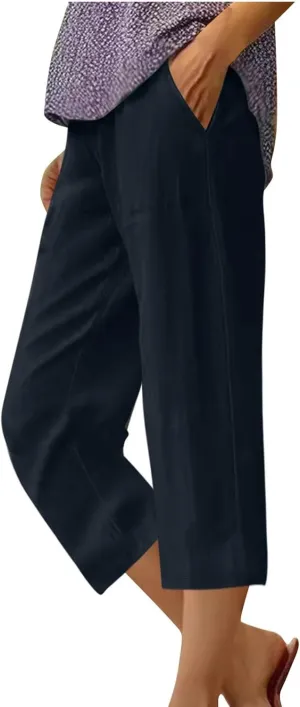 Casual Pants for Women Linen Cotton Lightweight Capri Pants Beach Drawstring Elastic Waist Trousers with Pocket Red L