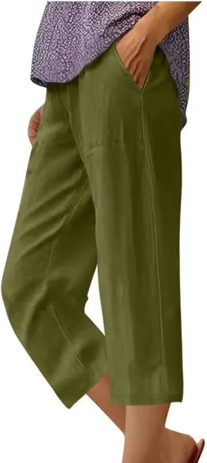 Casual Pants for Women Linen Cotton Lightweight Capri Pants Beach Drawstring Elastic Waist Trousers with Pocket Red L