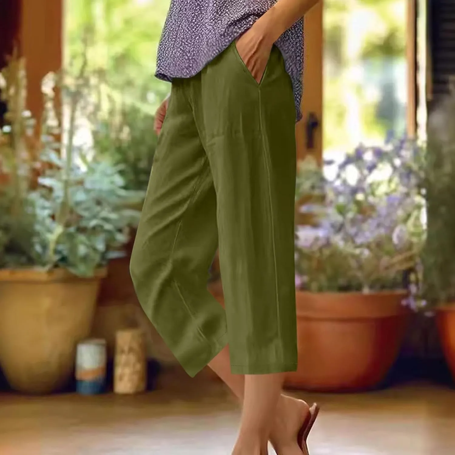 Casual Pants for Women Linen Cotton Lightweight Capri Pants Beach Drawstring Elastic Waist Trousers with Pocket Red L