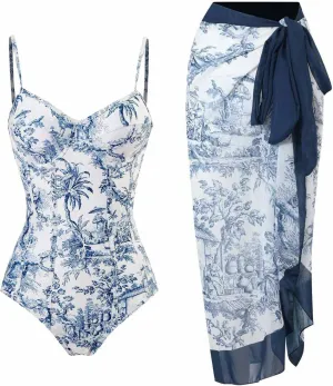 Cbcbtwo One Piece Swimsuits for Women 2023 with Bikini Maxi Wrap Skirts Cute Floral Print Monokini High Waisted Bathing Suit Navy