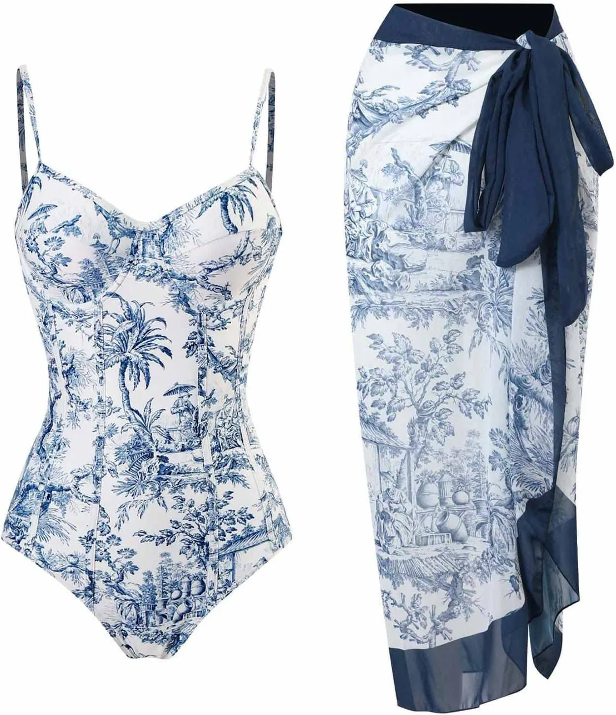 Cbcbtwo One Piece Swimsuits for Women 2023 with Bikini Maxi Wrap Skirts Cute Floral Print Monokini High Waisted Bathing Suit Navy
