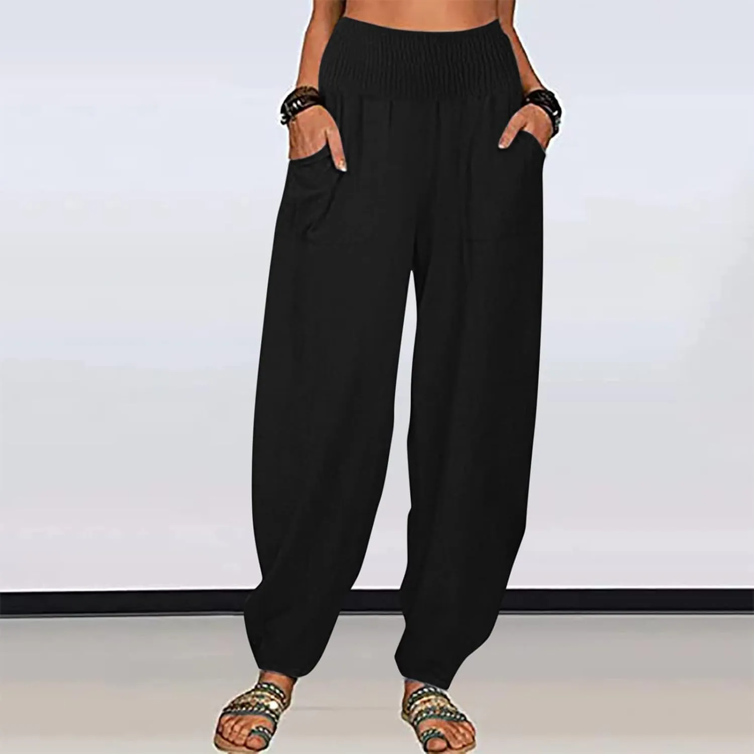 Ceboyel Women Lantern Linen Pants High Elastic Waist Tapered Harem Pants Summer Beach Boho Trouser Trendy Ladies Outfits