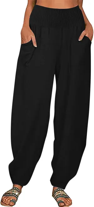 Ceboyel Women Lantern Linen Pants High Elastic Waist Tapered Harem Pants Summer Beach Boho Trouser Trendy Ladies Outfits