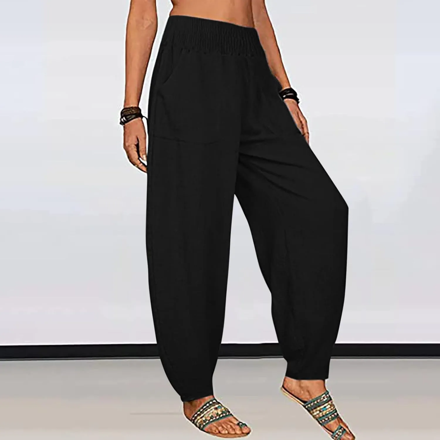Ceboyel Women Lantern Linen Pants High Elastic Waist Tapered Harem Pants Summer Beach Boho Trouser Trendy Ladies Outfits