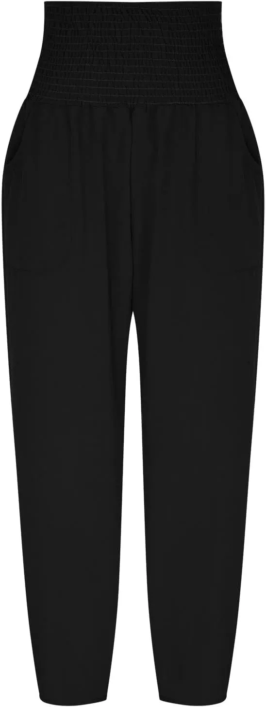 Ceboyel Women Lantern Linen Pants High Elastic Waist Tapered Harem Pants Summer Beach Boho Trouser Trendy Ladies Outfits