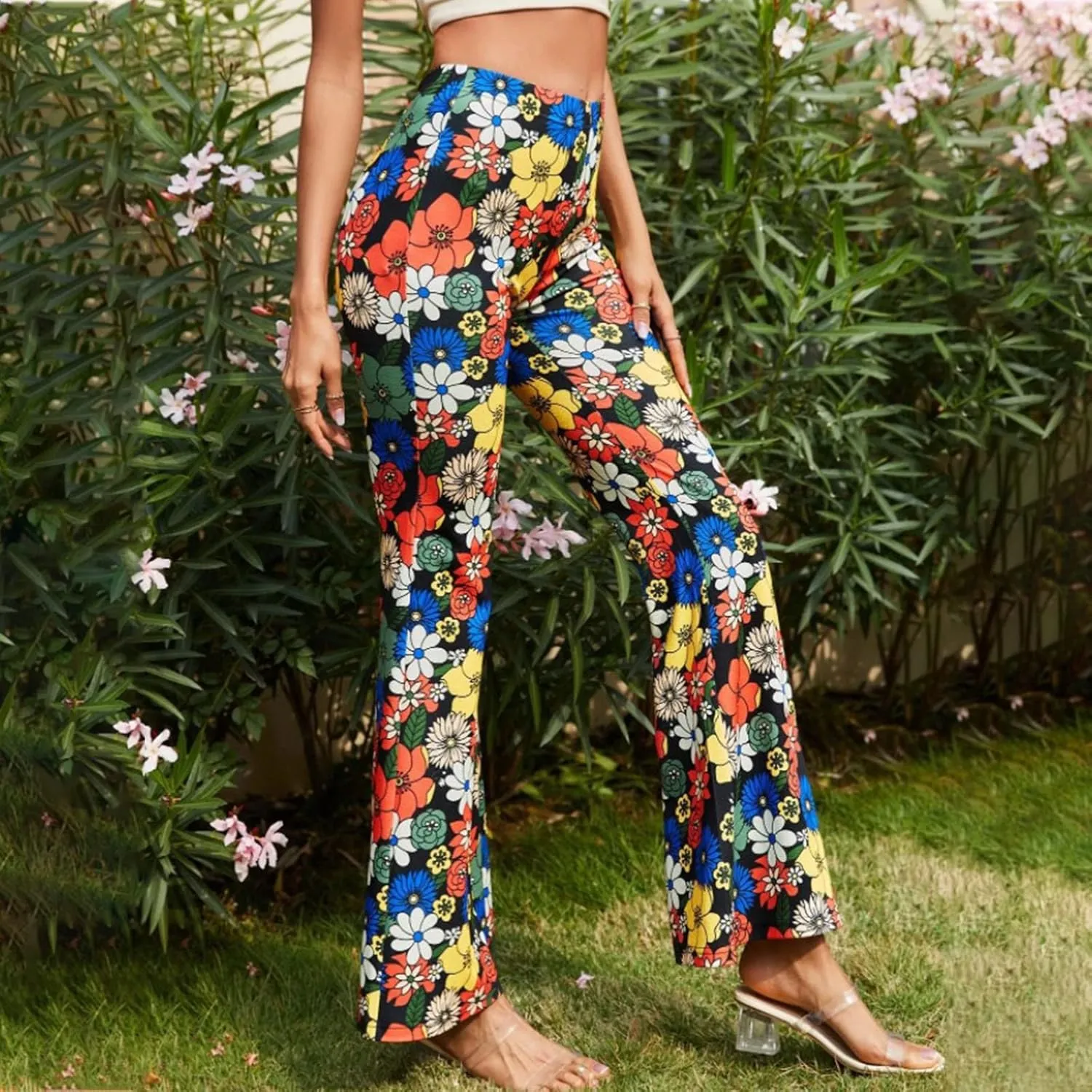 Ceboyel Womens Floral Print Boho Flare Pants Bell Bottoms Trousers High Elastic Waist Palazzo Lounge Pants 70S Outfits