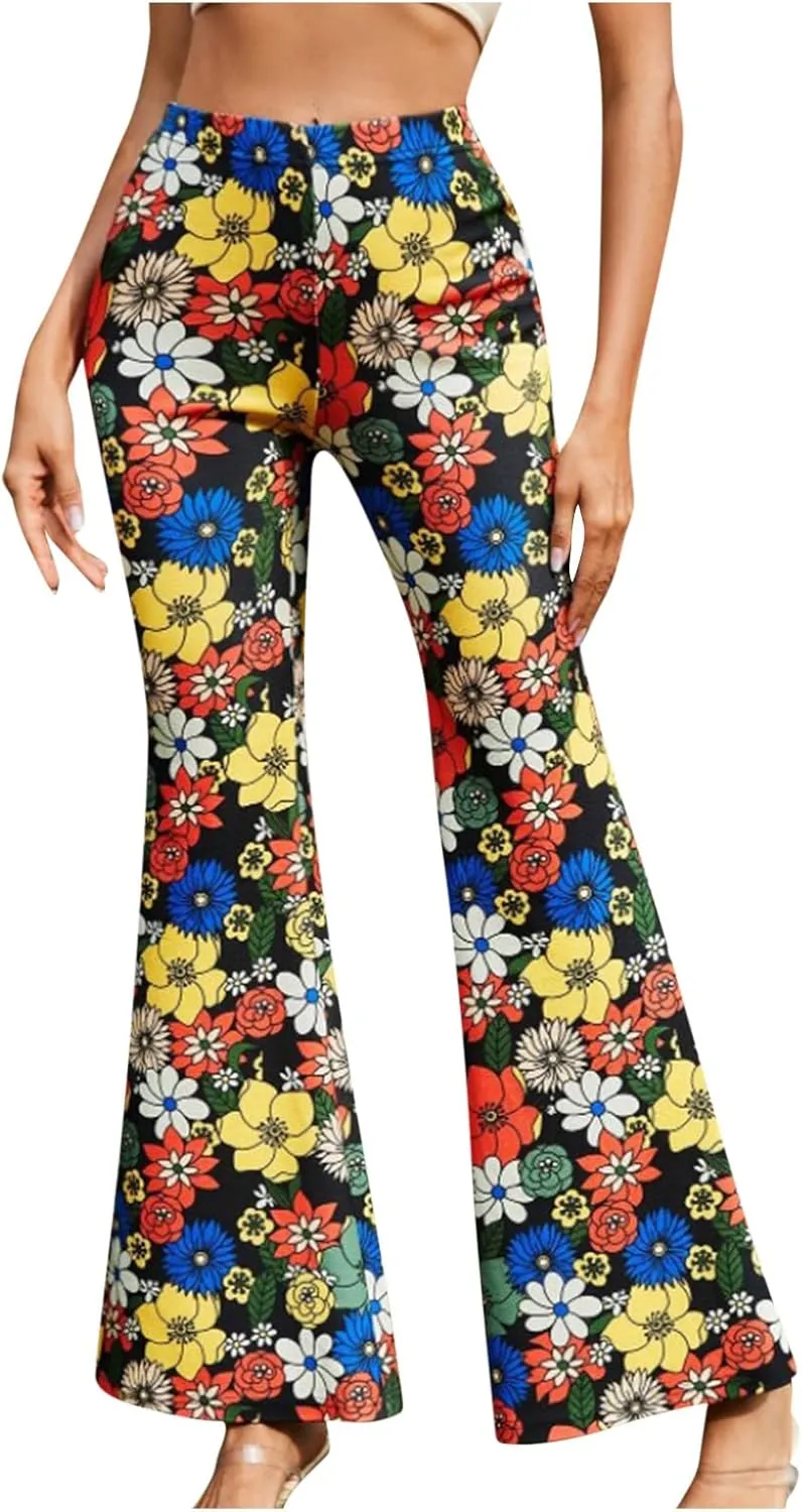 Ceboyel Womens Floral Print Boho Flare Pants Bell Bottoms Trousers High Elastic Waist Palazzo Lounge Pants 70S Outfits