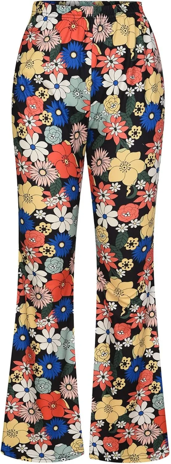 Ceboyel Womens Floral Print Boho Flare Pants Bell Bottoms Trousers High Elastic Waist Palazzo Lounge Pants 70S Outfits