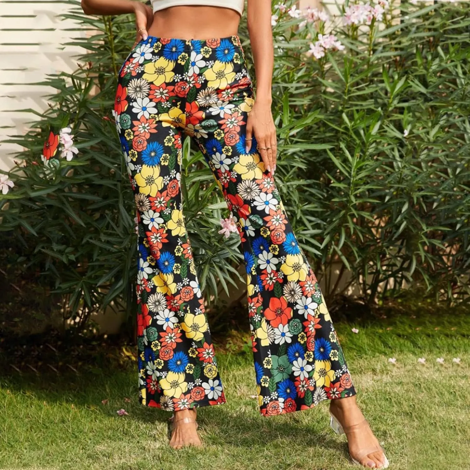 Ceboyel Womens Floral Print Boho Flare Pants Bell Bottoms Trousers High Elastic Waist Palazzo Lounge Pants 70S Outfits