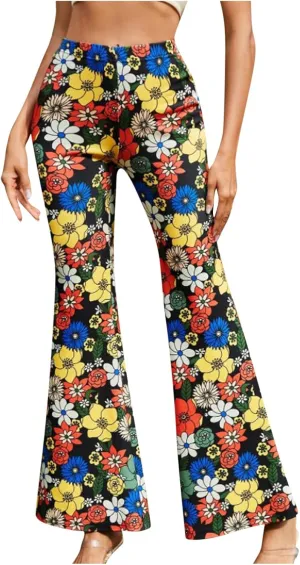 Ceboyel Womens Floral Print Boho Flare Pants Bell Bottoms Trousers High Elastic Waist Palazzo Lounge Pants 70S Outfits
