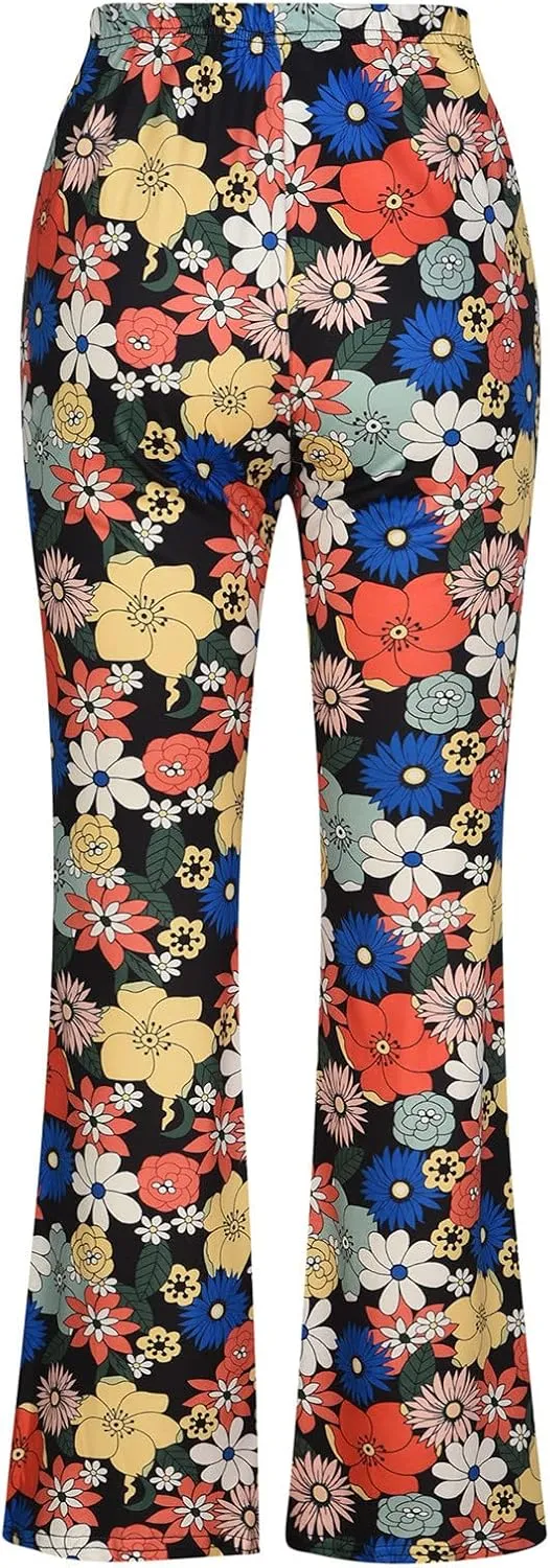 Ceboyel Womens Floral Print Boho Flare Pants Bell Bottoms Trousers High Elastic Waist Palazzo Lounge Pants 70S Outfits