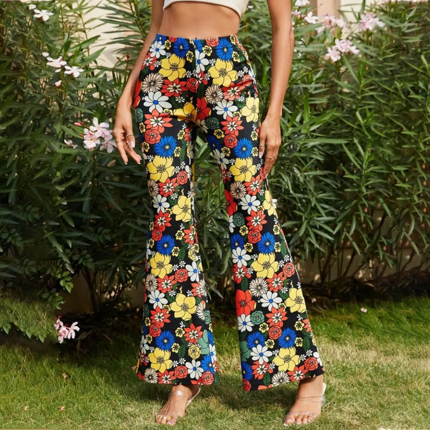 Ceboyel Womens Floral Print Boho Flare Pants Bell Bottoms Trousers High Elastic Waist Palazzo Lounge Pants 70S Outfits