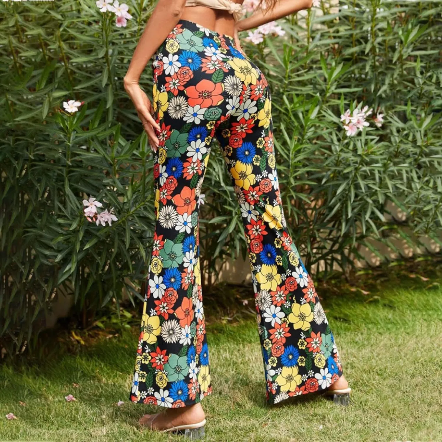 Ceboyel Womens Floral Print Boho Flare Pants Bell Bottoms Trousers High Elastic Waist Palazzo Lounge Pants 70S Outfits