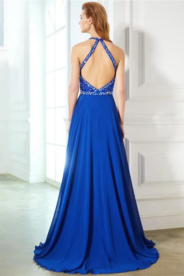 Charming Open Back Long Beading Chiffon Prom Dress