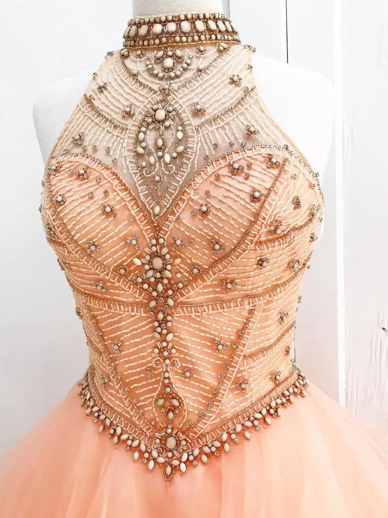 Charming Orange Long Ball Gown Beading Sleeveless Tulle Princess Prom Dress