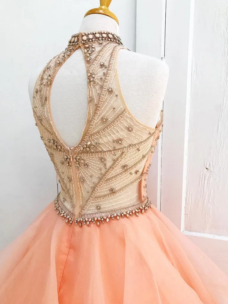 Charming Orange Long Ball Gown Beading Sleeveless Tulle Princess Prom Dress