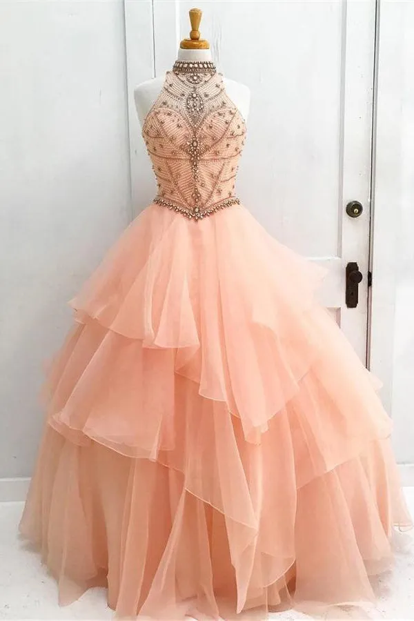 Charming Orange Long Ball Gown Beading Sleeveless Tulle Princess Prom Dress