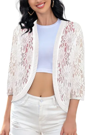 Chevara Womens Casual Summer Lace Cardigan 3/4 Sleeve Floral Crochet Cardigans Shrug Sweaters