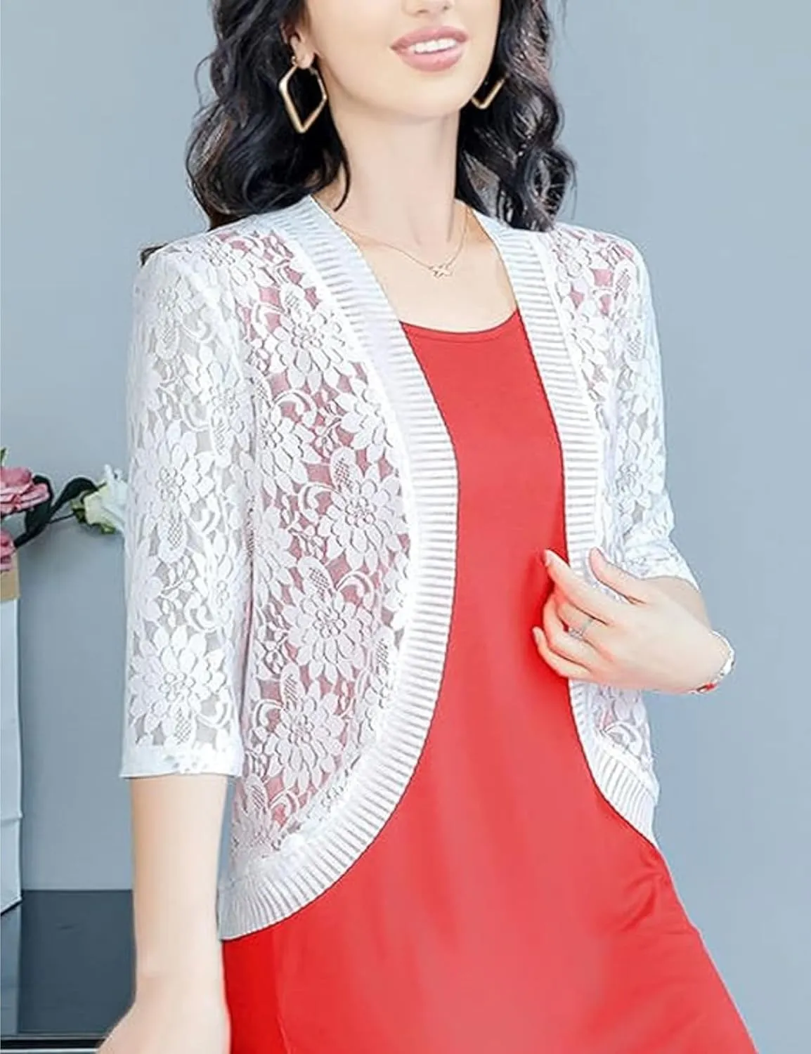 Chevara Womens Casual Summer Lace Cardigan 3/4 Sleeve Floral Crochet Cardigans Shrug Sweaters