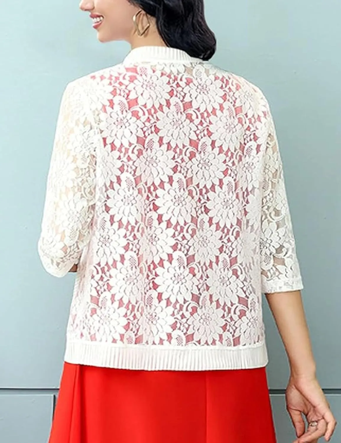 Chevara Womens Casual Summer Lace Cardigan 3/4 Sleeve Floral Crochet Cardigans Shrug Sweaters