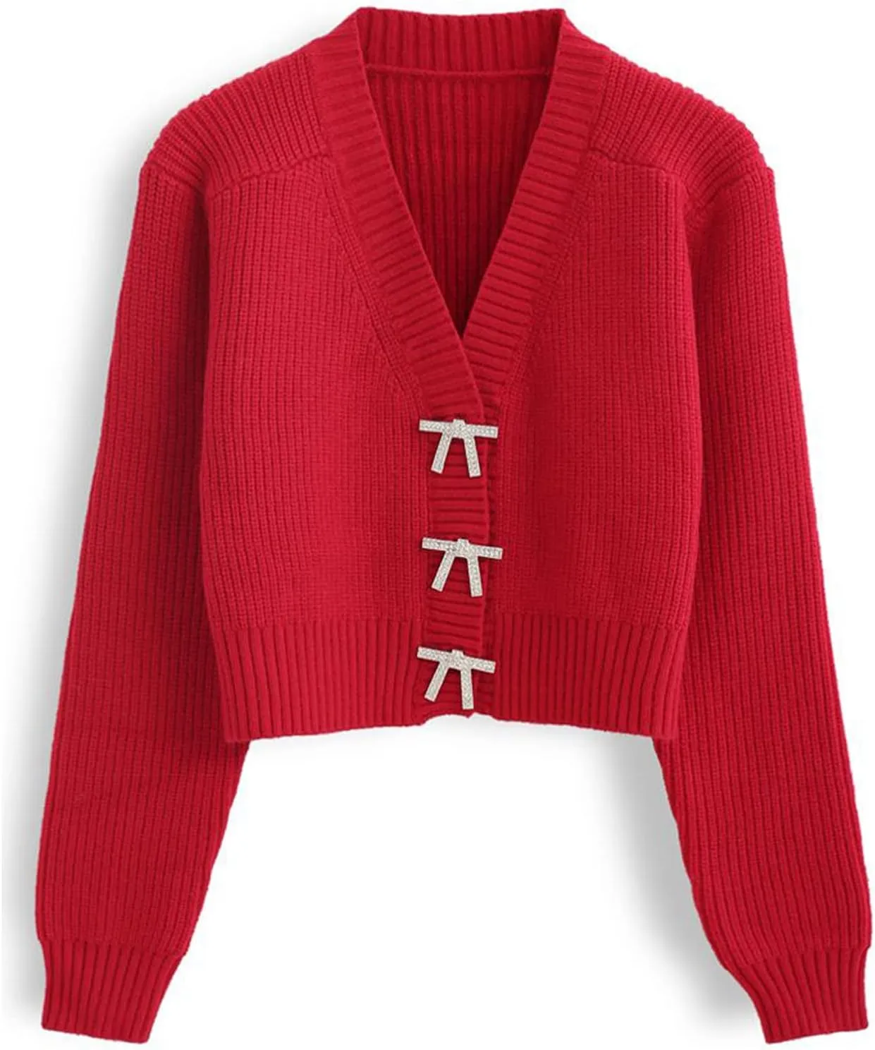 CHICWISH Women Crop Cardigan Sweaters Bowknot Brooch Button Knit Cardigans Open Front Long Sleeves Sweater Tops