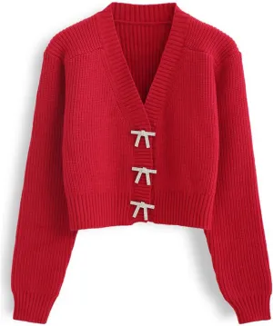 CHICWISH Women Crop Cardigan Sweaters Bowknot Brooch Button Knit Cardigans Open Front Long Sleeves Sweater Tops