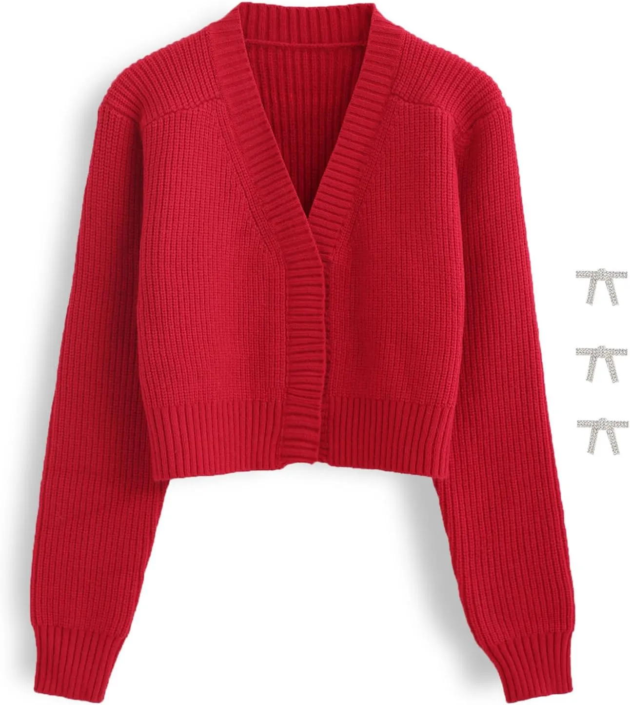 CHICWISH Women Crop Cardigan Sweaters Bowknot Brooch Button Knit Cardigans Open Front Long Sleeves Sweater Tops