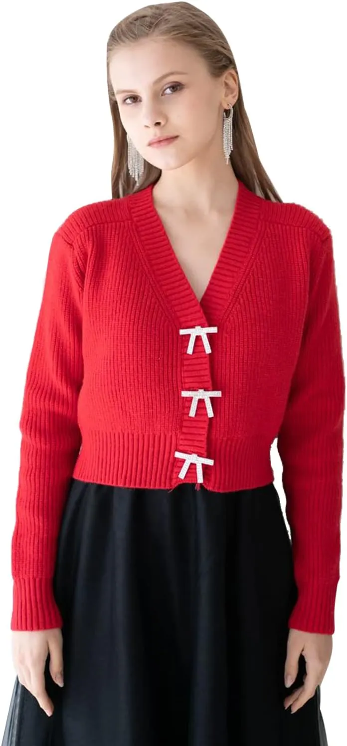 CHICWISH Women Crop Cardigan Sweaters Bowknot Brooch Button Knit Cardigans Open Front Long Sleeves Sweater Tops