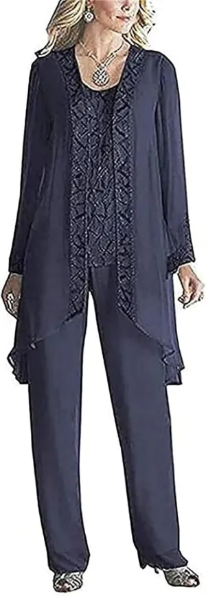Chiffon Wedding Pant Suits 3 Pieces Formal Mother of The Bride Pant Suits for Women